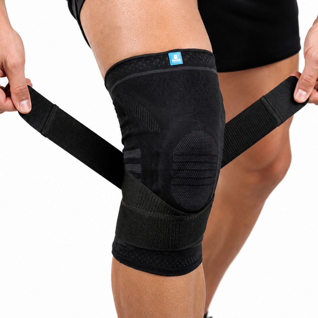 Joelheira Esportiva Fisiovital com Anel de Silicone e Hastes Laterais — Compressão Ajustável