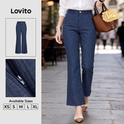 Lovito Calça Feminina Azul-Escuro Casual Cintura Alta Modelo Cenoura Afunilado Zíper e Bolso Primavera Verão Férias e Fim de Semana PTK10BR277