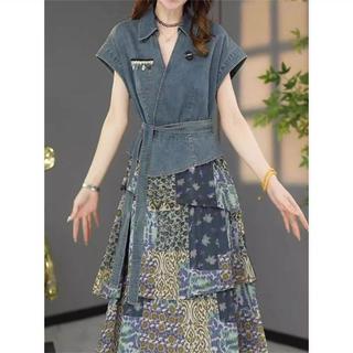 2025 temperamento elegante All-Match mais magro olhar Denim costura vestido de manga curta Design feminino sentir falso 