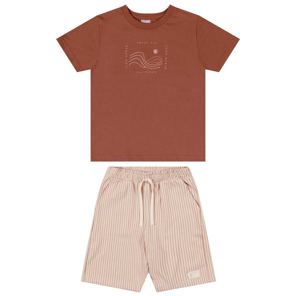 Conjunto Infantil Menino Bordado Ondas Colorittá Marrom