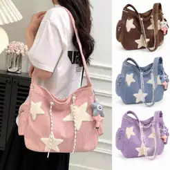 Bolsa Feminina Grande Com Chaveiro de Veludo Cotelê Com Alça Transversal e Bolsos Laterais Pra Faculdade Notebook