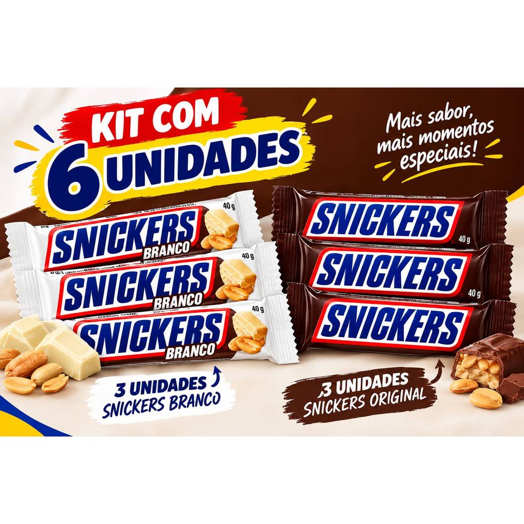 Kit Com 3 Chocolates Snickers Original De 40g e 3 Chocolates Snickers Branco De 40g