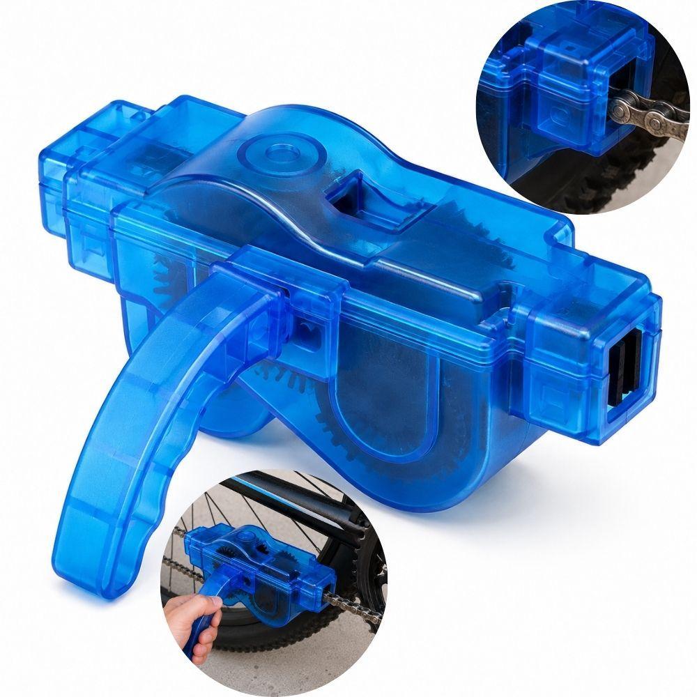 Limpador Manual de Corrente para Bicicleta Aparelho Lavador de Corrente Bike com Escovas Rotativas em ABS Azul