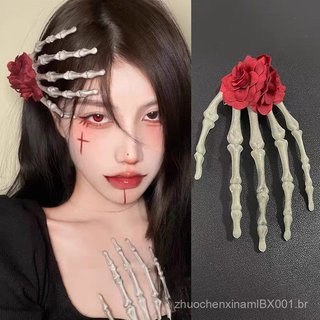 Presilha de cabelo gótica com garra de caveira, osso de mão, garra de demônio grande, rosa, estilo sombrio, acessório de
