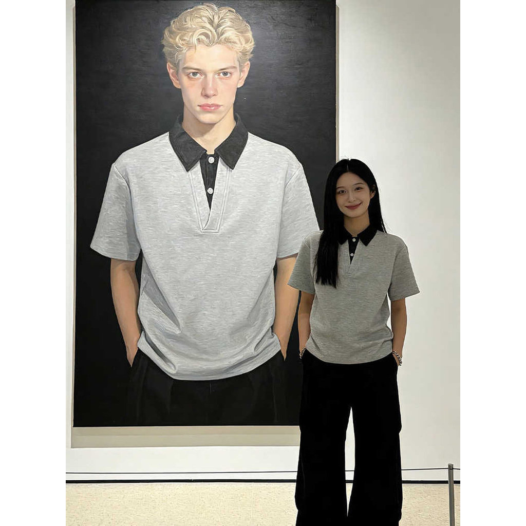 Estilo americano contraste cor lapela camisa polo de manga curta das mulheres dos homens verão falso de duas peças High-