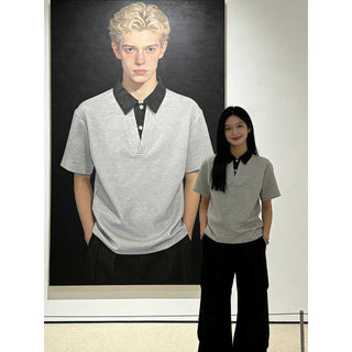Estilo americano contraste cor lapela camisa polo de manga curta das mulheres dos homens verão falso de duas peças High-