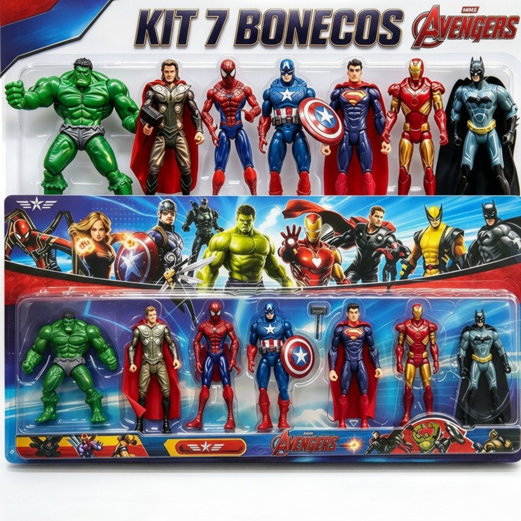 Kit Herois 7 Bonecos Articulados Avengers Vingadores Hulk Homem-Aranha Thor Batman