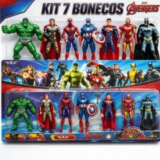 Kit Herois 7 Bonecos Articulados Avengers Vingadores Hulk Homem-Aranha Thor Batman