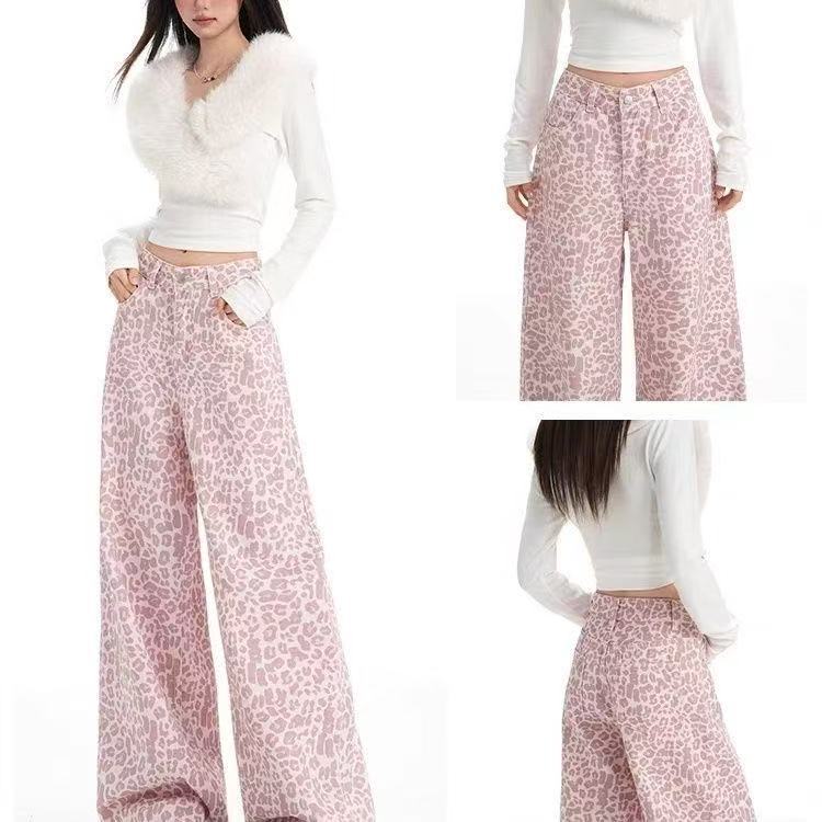 R RM frito rua rosa leopardo impressão macacão feminino Retro street Wear americano High street Jazz dança calças casuai