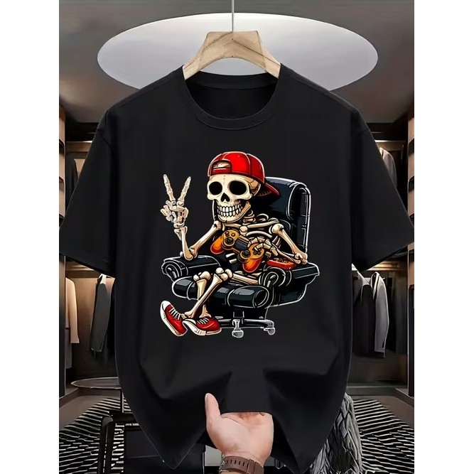 Camiseta Manga Curta Estampada Esqueleto Gamer Confortável Linda Divertida Estilosa para Uso Casual Tendência Moda Verão