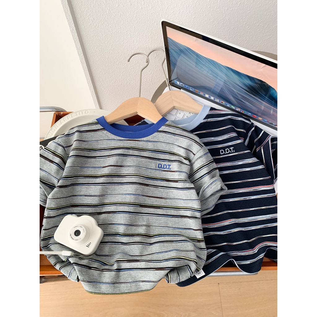 2026 novo estilo verão novo estilo meninos listrado manga curta camiseta crianças fino em torno do pescoço respirável me