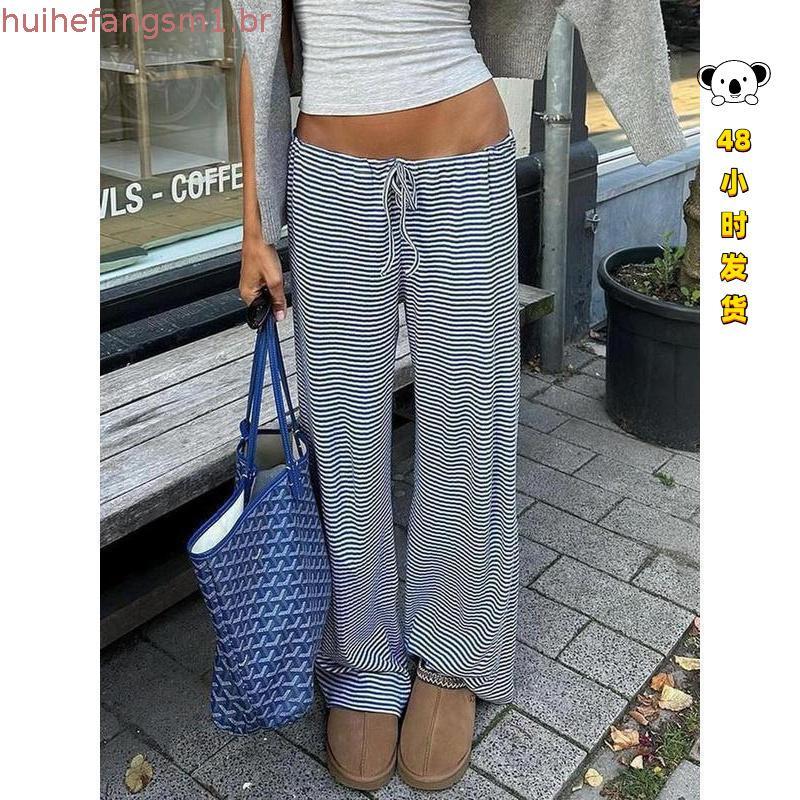 H Home Europeu Americano Mulheres Retro Simples Rosa Listrado Malha Calças Casuais Mulheres ins Drape Loose Home Pants