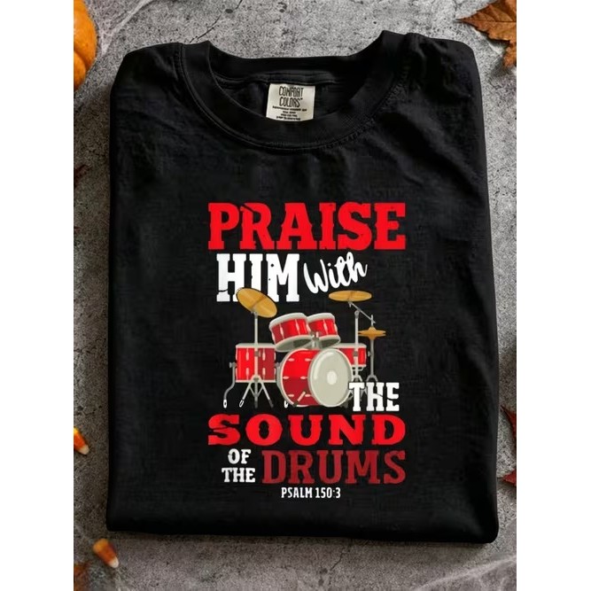 Camiseta Estampada Bateria Musical Confortável Estilosa Divertida Moderna Moda Casual Tendência Verão