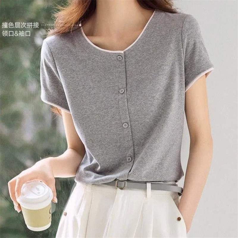 Contraste cor costura pulôver em torno do pescoço manga curta 2026 verão estilo na moda simples All-Match Casual mais ma