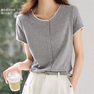 Contraste cor costura pulôver em torno do pescoço manga curta 2026 verão estilo na moda simples All-Match Casual mais ma