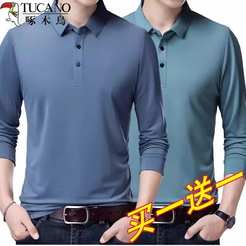 Woodpecker camiseta de manga comprida masculina primavera verão seda gelo fina lapela solta camisa Polo de meia-idade id