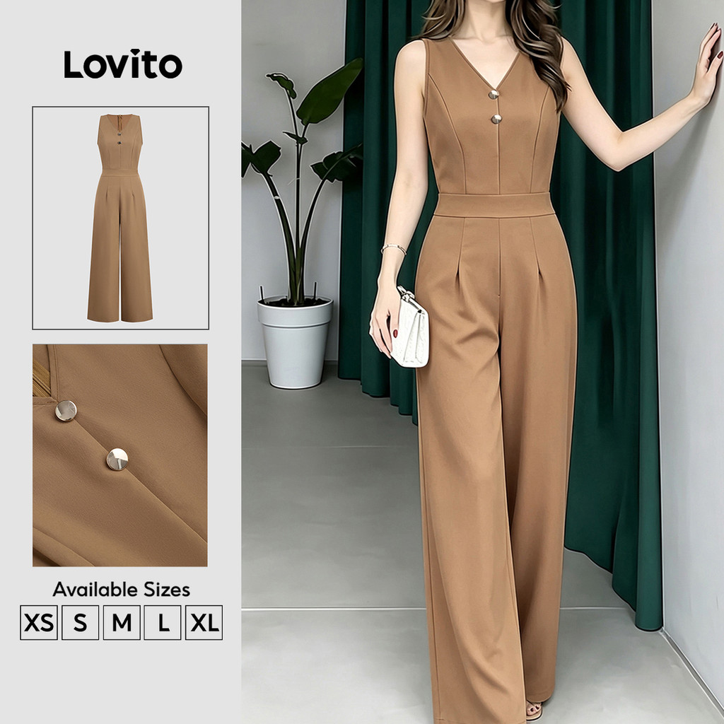 (New Arrival) Lovito Elegante Macacão Botão Zíper Plissado Primavera/verão Macacão Cáqui para Mulheres JRB202P2D026