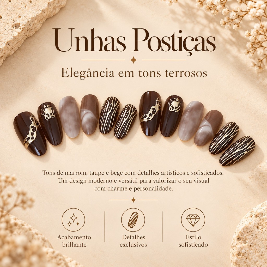 Kit Unhas Postiças de Pressão Oval Marrom, Efeito Fumaça e Estampa Zebra Dourada