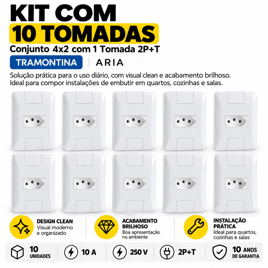 Kit 10 Conjuntos De Tomada Tramontina Aria 10A 4x2 Instalação Elétrica Reforma Construção — imagem 2 de 2