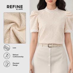 (Refine by Lovito) Blusa Feminina De Trabalho Com Manga Curta Gola Redonda Babado Renda E Pregas Damasco BLR43P1D004