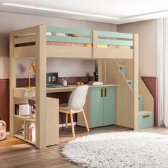 Cama Alta Infantil/Juvenil Star Plus Office Multifuncional Casatema MadeiraOriginals Natural/Menta