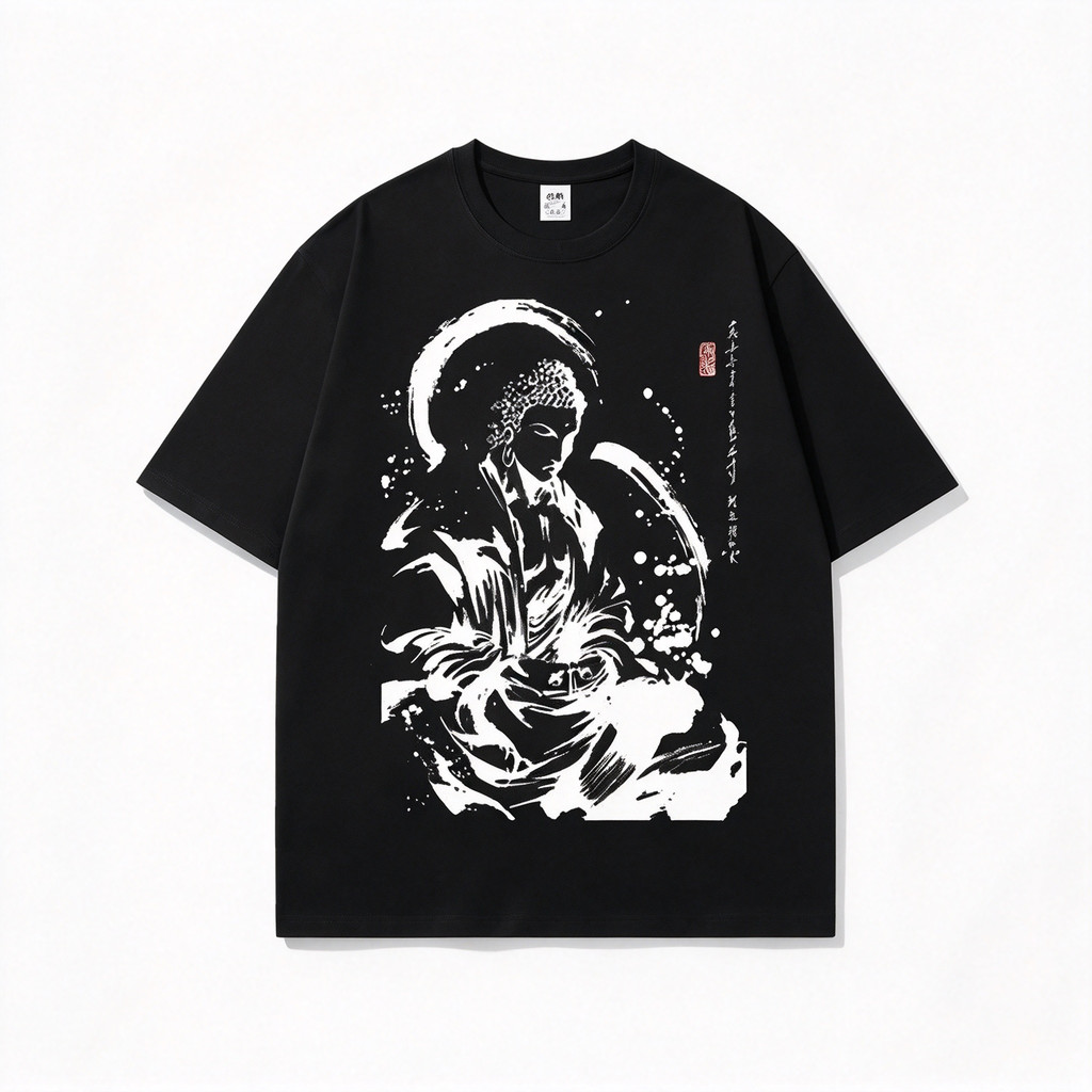 Camiseta Unissex Premium De Algodão, Estilo Casual, Cor Preta, Estampa Buda Arte Oriental, Para Uso Diário E Passeios