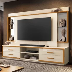 Estante para TV e Home Theater até 75 Polegadas 100% MDF 240CMX192CM Espelho 4 Gavetas Leni Bege Off White/Cedro