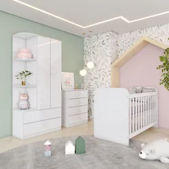 Quarto de Bebê Berço Guarda-Roupa e Cômoda Sonho Encantado Espresso Móveis Branco Branco