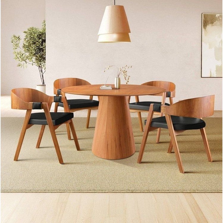 Conjunto Sala de Jantar Mesa Cone Amadeirada + 4 Cadeiras Luna Couro ecológico Preto