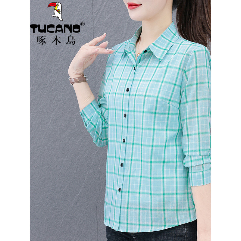 Woodpecker algodão xadrez camisa feminina de manga comprida 2026 primavera outono novo estilo mãe estilo ocidental camis
