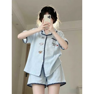Azul doce filhote de cachorro pijamas feminino verão nuvens algodão seda manga curta 2026 novo estilo High-End verão Hom