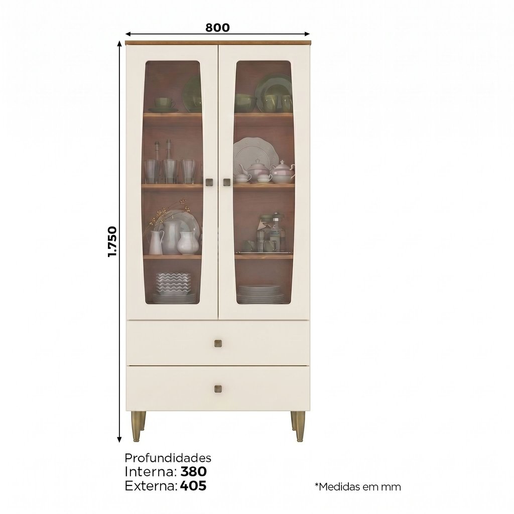 Cristaleira 2 Portas em Vidro 2 Gavetas Ágata Branco/Nature/Off White — imagem 2 de 2