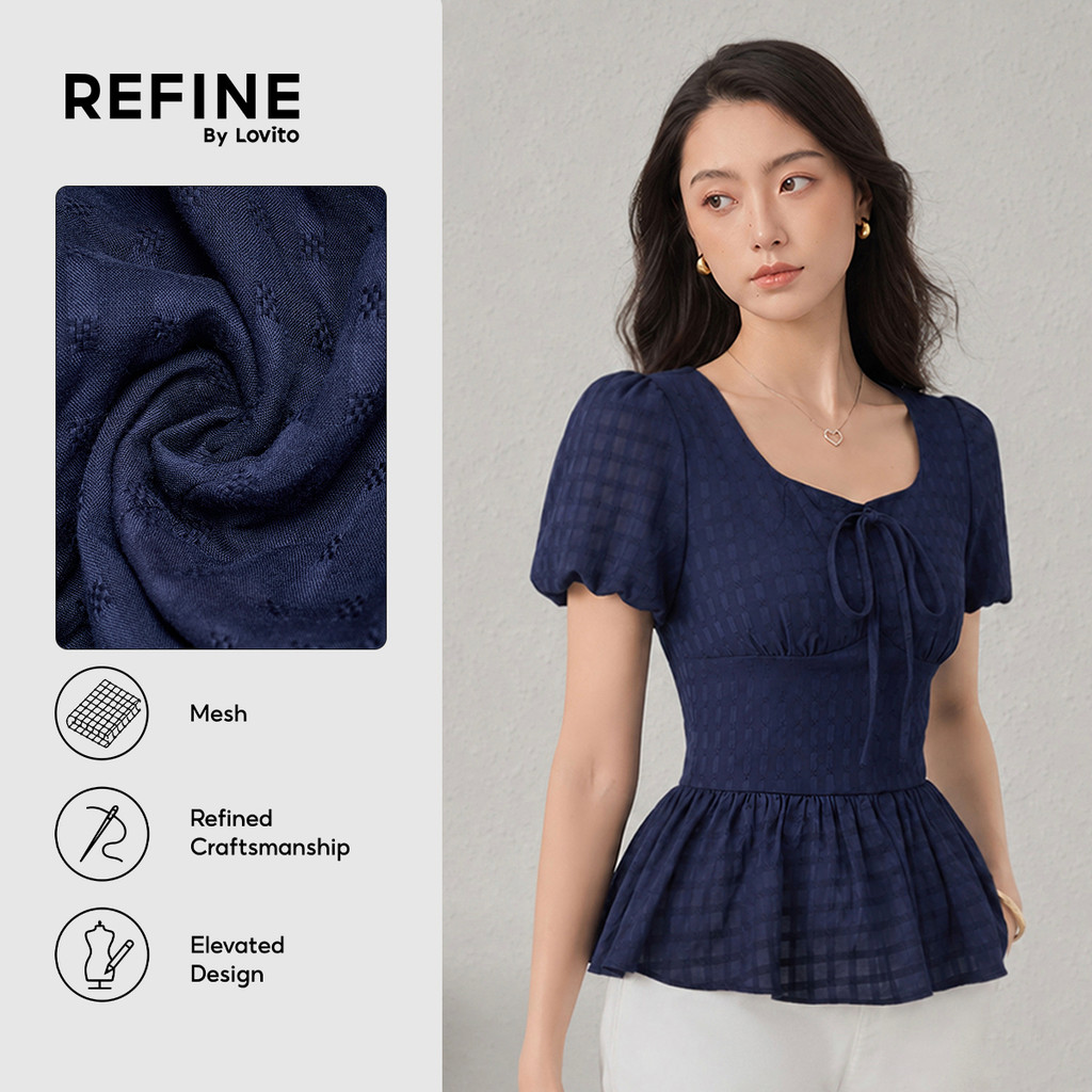 (Refine by Lovito) Casual Blusa de Renda com Laço Azul-marinho Estilo Primavera/Verão Feminina Bordado LR18E050