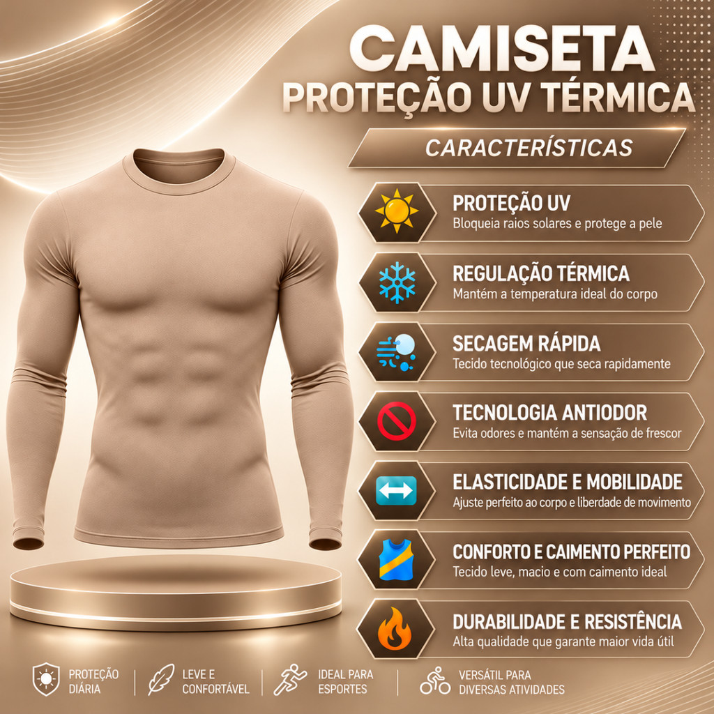 Camiseta Proteção Solar Uv 50+ Bege Nude Segunda Pele Masculina Térmica Frio e Calor Treino