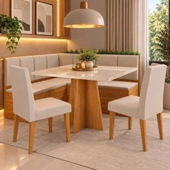 Conjunto Canto Alemão Baú Bariloche Mesa Quadrada 90cm x 90cm sem Vidro e 2 Cadeiras Venus em MDP/ Mel/Blonde/Marfim