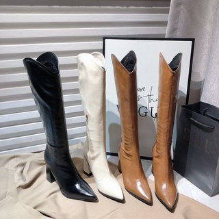 Botas de moda de salto alto em PU, cano alto, bico fino, salto grosso, estilo cano, botas femininas, botas de cavaleiro,