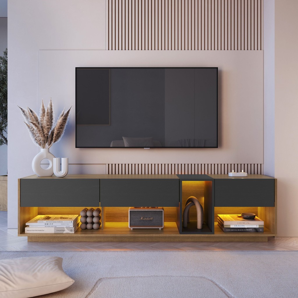 Rack para Tv até 65 Polegadas com 3 Gavetas e 1 Nicho com Iluminação em Led Rgb Ra8001 Mel/Grafite