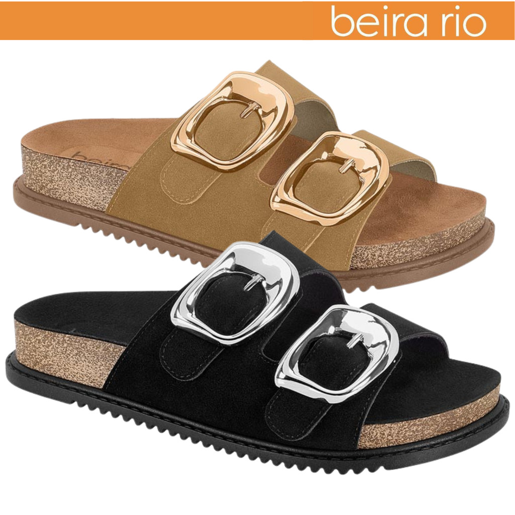 Chinelo Papete Beira Rio Feminino Slide Duas Fivelas Metalizadas Camurça