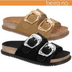 Chinelo Papete Beira Rio Feminino Slide Duas Fivelas Metalizadas Camurça