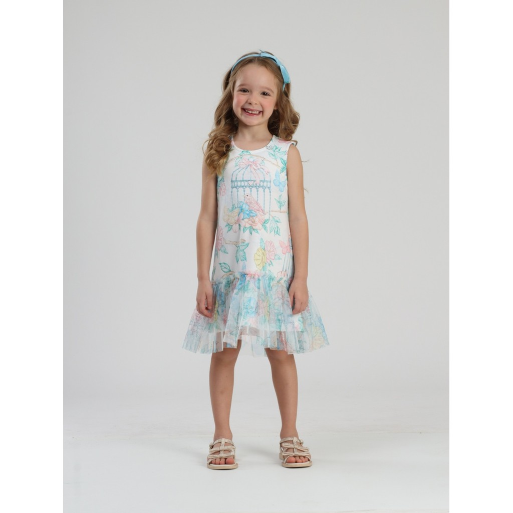 VESTIDO INFANTIL LULUZINHA ESTAMPADO COM BRILHOS E BABADO EM TULE OFF WHITE