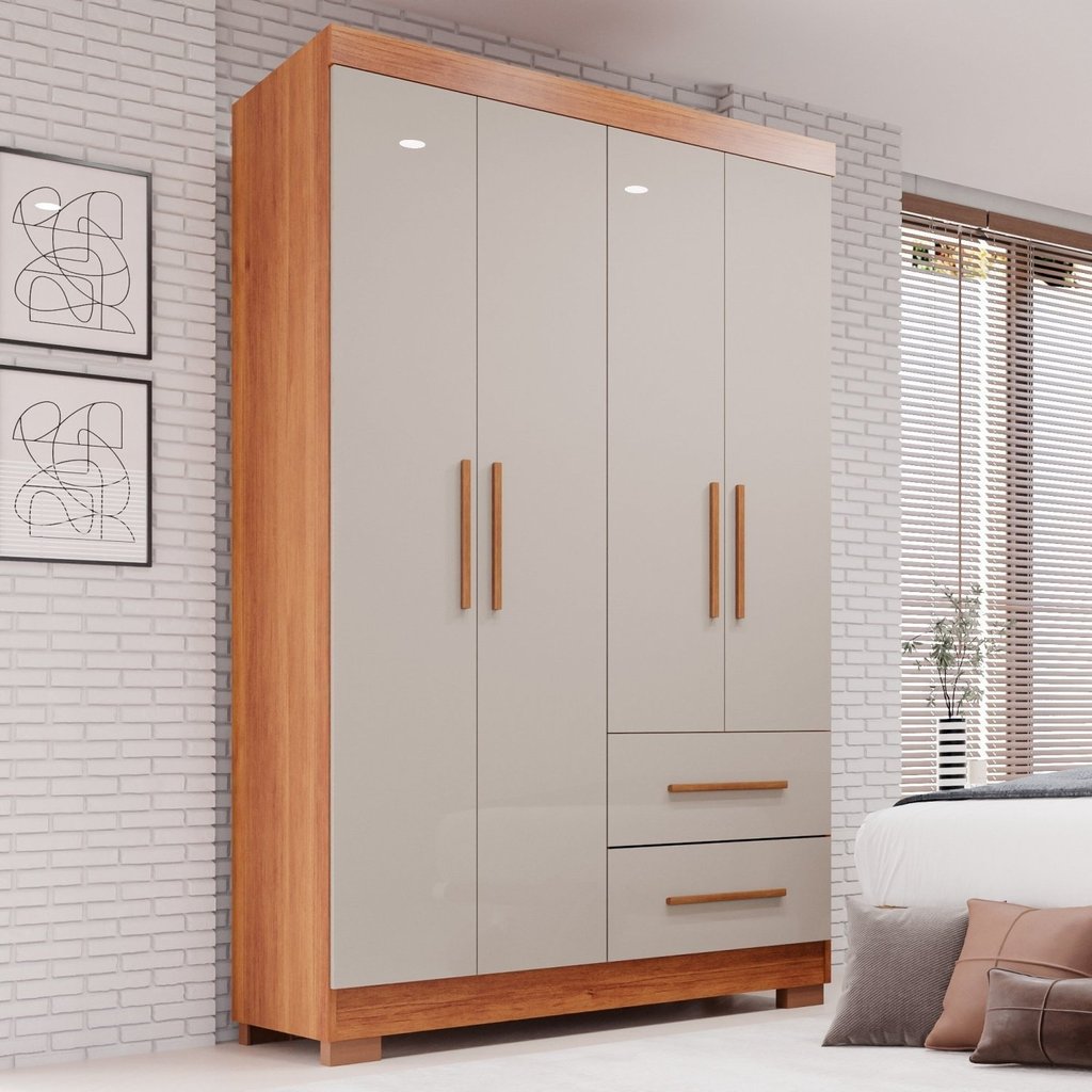 Guarda-roupa Solteiro 4 Portas 2 Gavetas Estrela Premium Off-White/Cinamomo em Oferta na Shopee