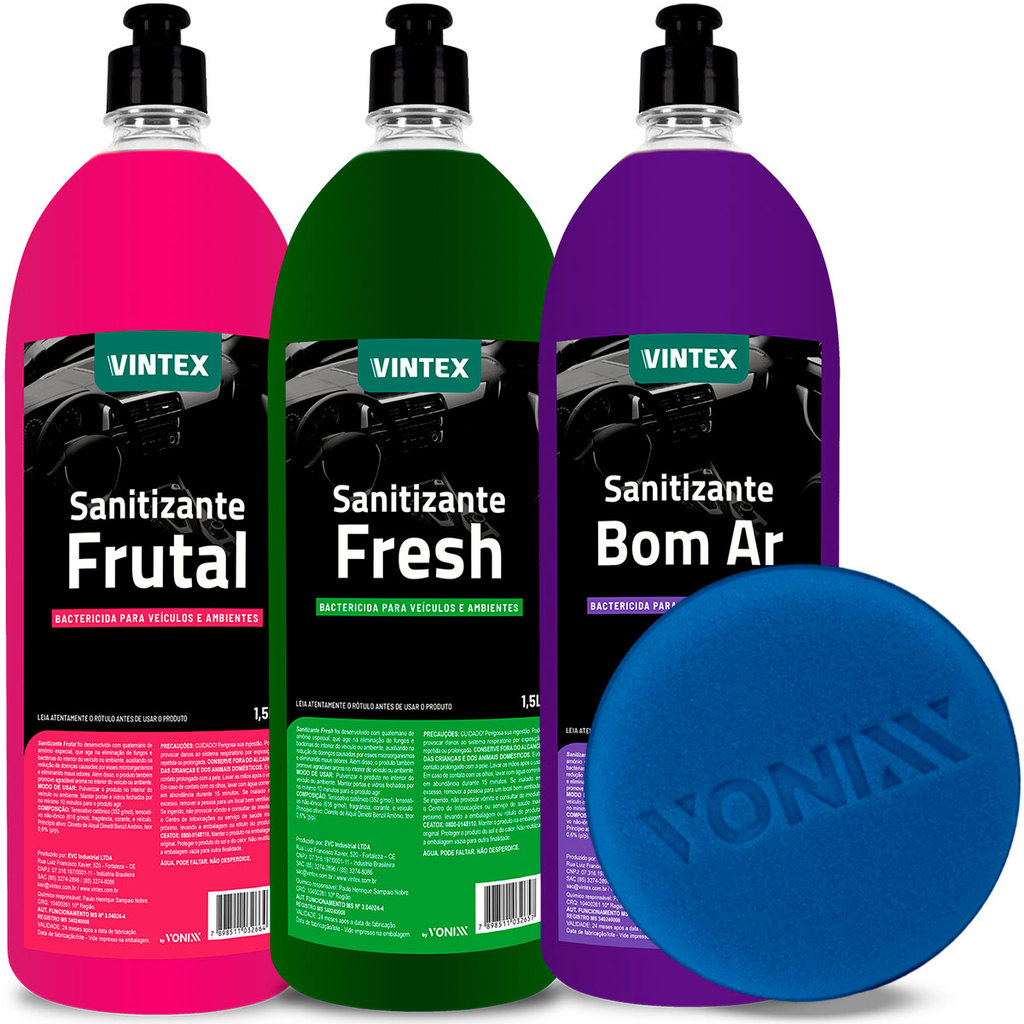Kit Vintex Sanitizante Fresh + Aromatizante Bactericida Frutal Bom ar + Cheirinho Carro Novo