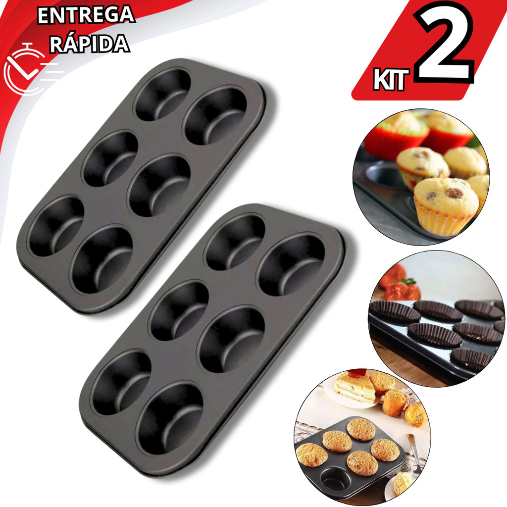 Kit 2 Formas Assadeira Teflon Antiaderente 6 Cavidades Cupcakes Bolinhos Muffins Pão de Queijo Cake Cozinha em Oferta na Shopee