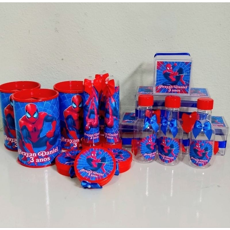 Kit 50 lembrancinha do Homem Aranha 2, cofrinho, tubete, garrafa,  caixinha e latinha
