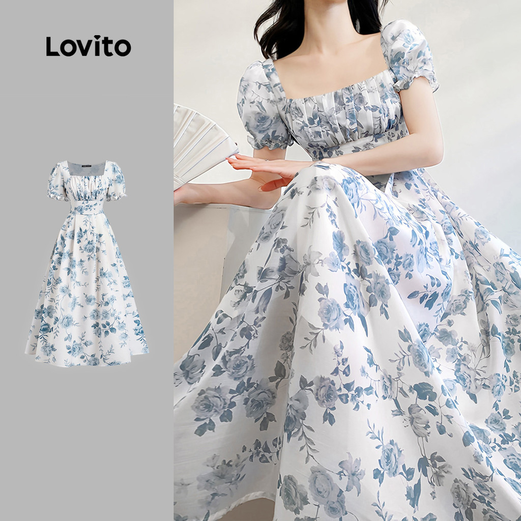 Lovito Vestido Elegante de Flores com Pregas Festa de Primavera/verão para Mulheres L143ED198 em Oferta na Shopee