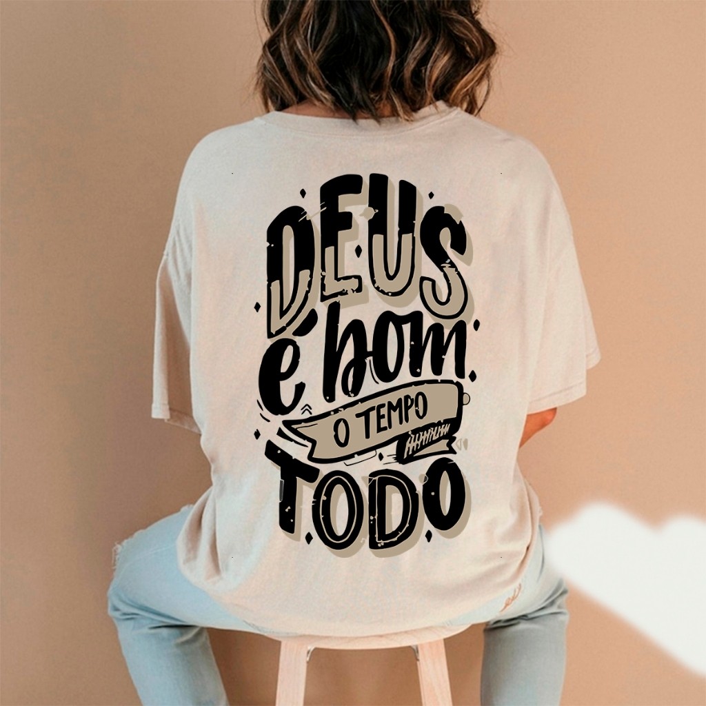 Camiseta Feminina Oversized Estampada Cristã Deus Religiosa Malha Algodão
