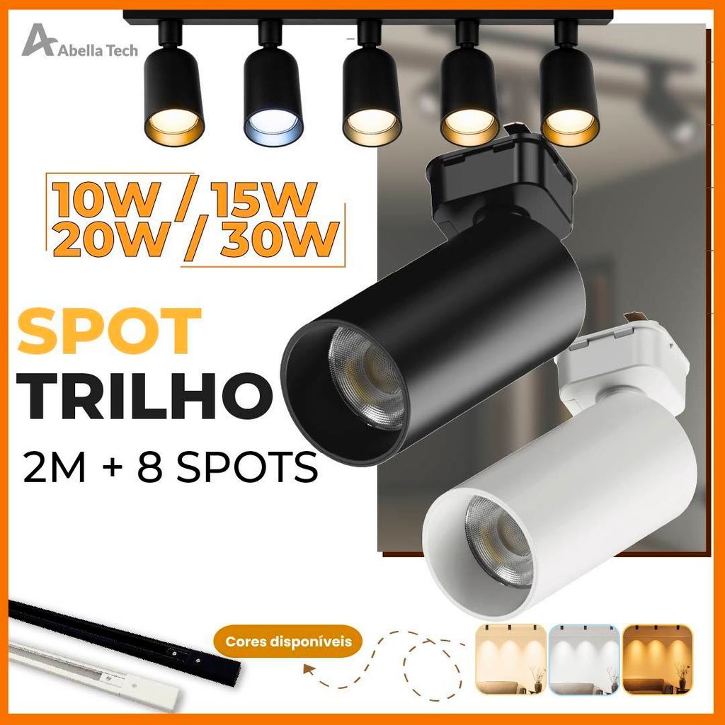 2M Trilho + 8 Spot LED 30W 20W 15W 10W Eletrificado + Trilho Tubinho Preto e Branco Bivolt em Oferta na Shopee
