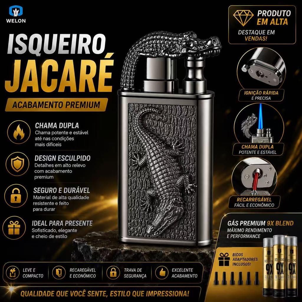 Isqueiro  jacaré Maçarico Dupla Chama Recarregável Sem Gás com Design Moderno e Resistente