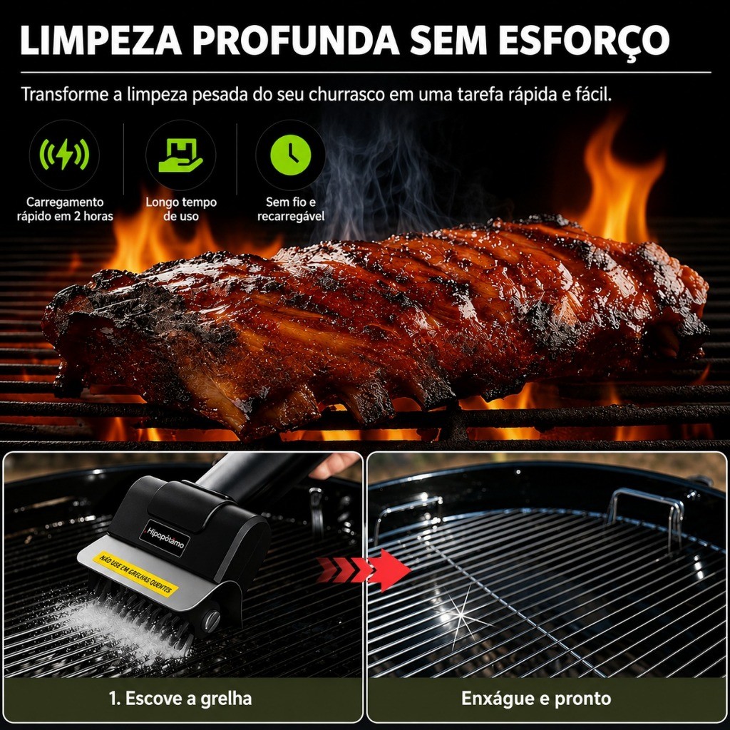 Escova Elétrica Limpa Churrasqueira Grill Grelha Cerdas Aço Inox Recarregável USB — imagem 2 de 2