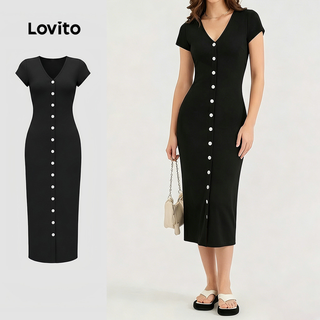(New Arrival) Lovito Vestido Casual Preto com Botões Na Frente para a Primavera/verão feminino LK7LD016